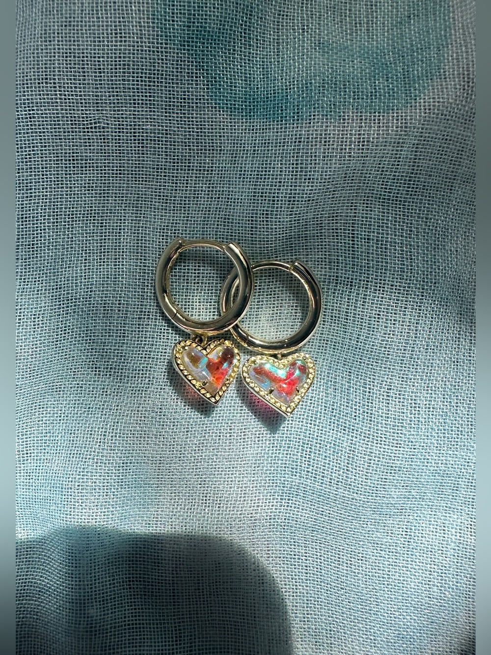 Kendra Scott Gold Hoop Earrings with Iridescent Pink & Blue Heart Charms